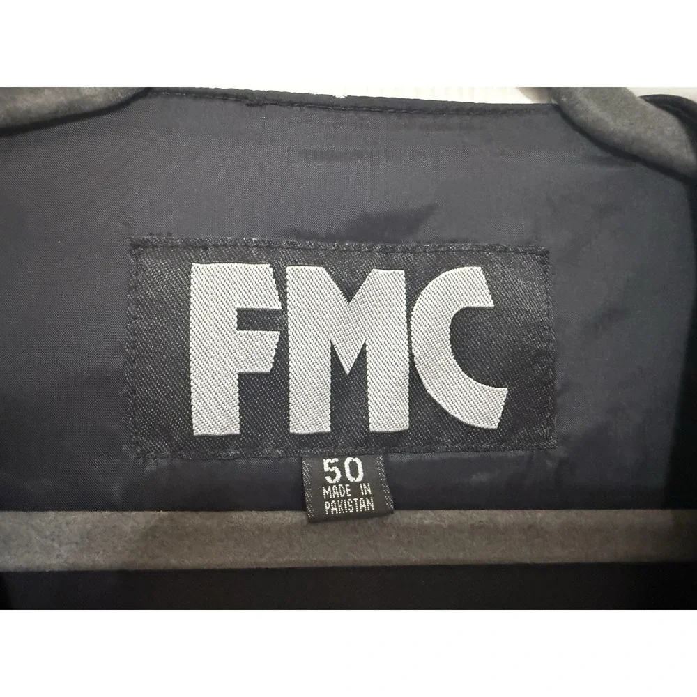 FMC‎ Genuine Leather Biker Vest Size 50 Black Embroidered Veteran's Pins